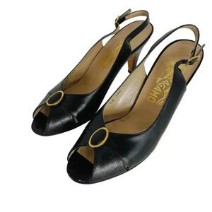 Ferragamo Vintage Leather Slingback Peep Toe Heels Gold Emblem Women's Size 6.5
